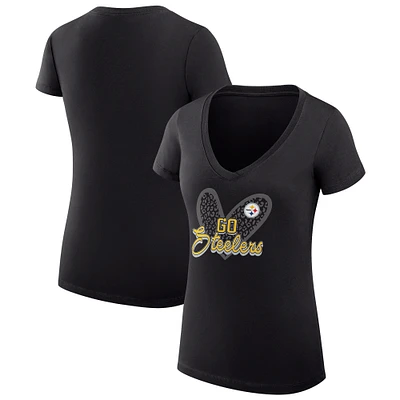 Women's G-III 4Her by Carl Banks Pittsburgh Steelers Super-Slim Fit Lightweight Leopard Heart V-Neck T-Shirt