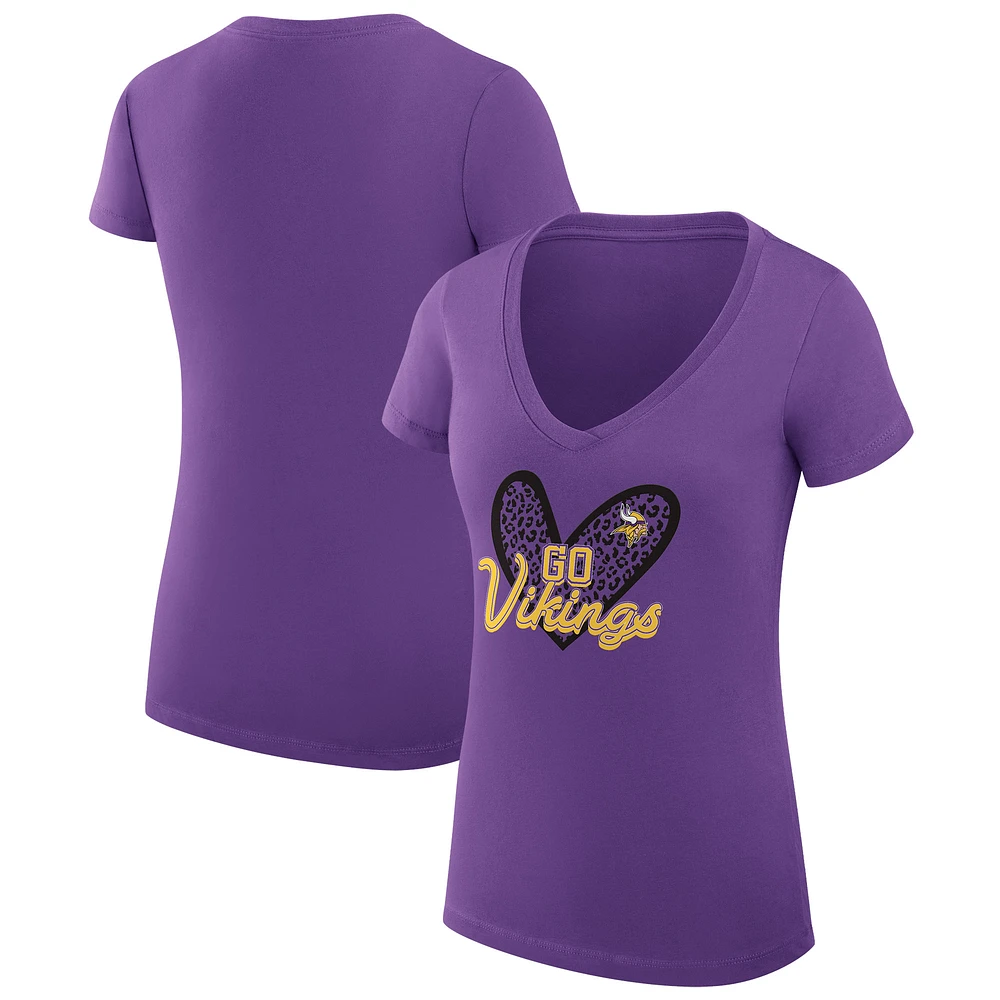 Women's G-III 4Her by Carl Banks Purple Minnesota Vikings Super-Slim Fit Lightweight Leopard Heart V-Neck T-Shirt