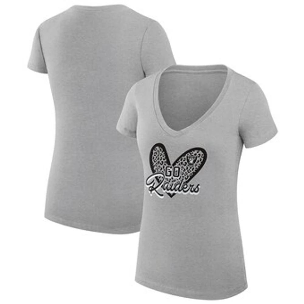 Women's G-III 4Her by Carl Banks Heather Gray Las Vegas Raiders Super-Slim Fit Lightweight Leopard Heart V-Neck T-Shirt