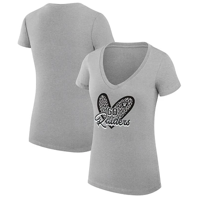Women's G-III 4Her by Carl Banks Heather Gray Las Vegas Raiders Super-Slim Fit Lightweight Leopard Heart V-Neck T-Shirt