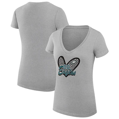 Women's G-III 4Her by Carl Banks Heather Gray Philadelphia Eagles Super-Slim Fit Lightweight Leopard Heart V-Neck T-Shirt