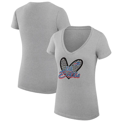 Women's G-III 4Her by Carl Banks Heather Gray Buffalo Bills Super-Slim Fit Lightweight Leopard Heart V-Neck T-Shirt