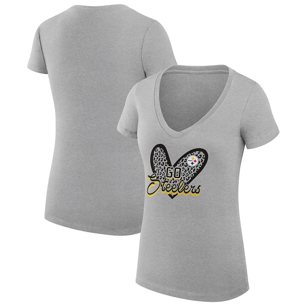 Women's G-III 4Her by Carl Banks Heather Gray Pittsburgh Steelers Super-Slim Fit Lightweight Leopard Heart V-Neck T-Shirt