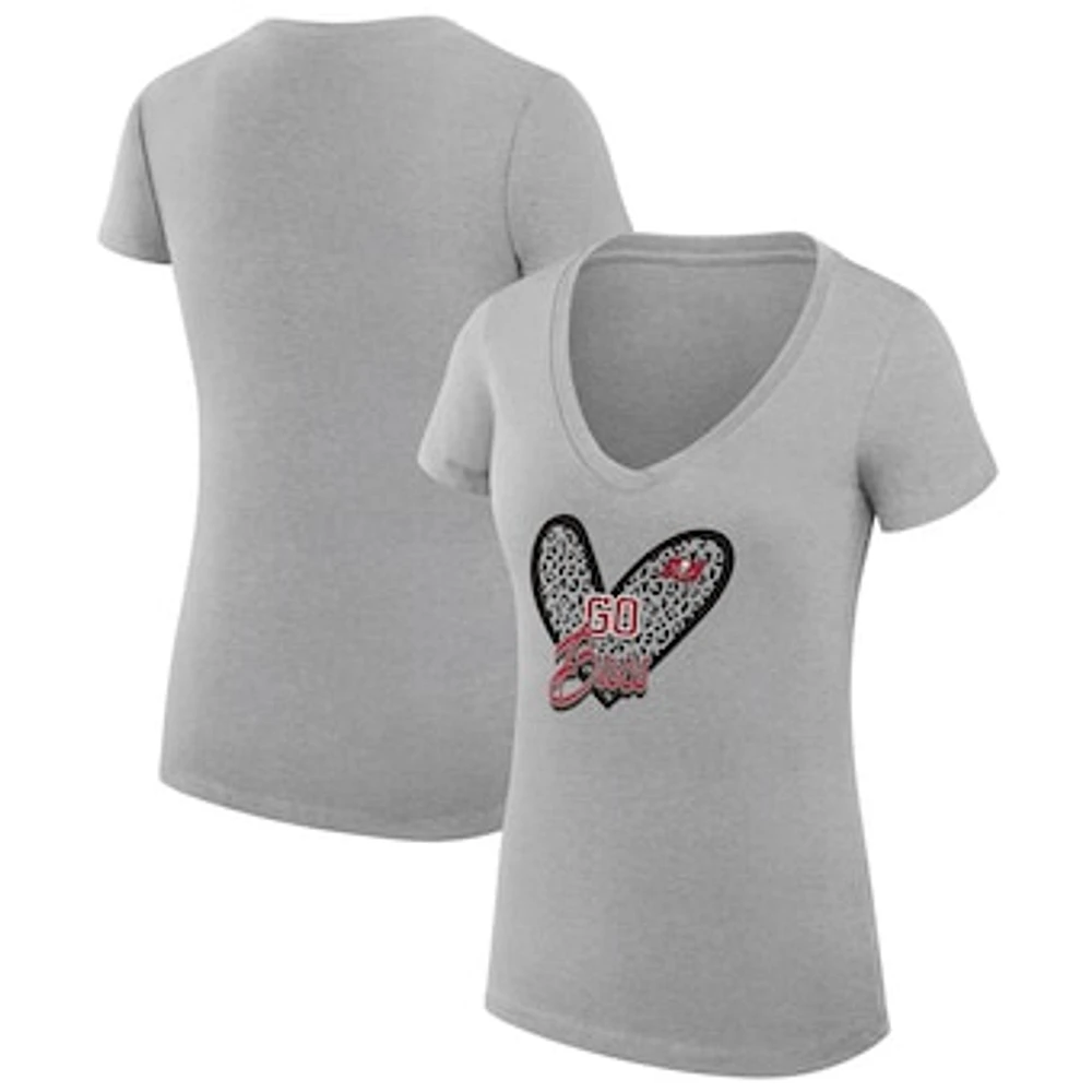 Women's G-III 4Her by Carl Banks Heather Gray Tampa Bay Buccaneers Super-Slim Fit Lightweight Leopard Heart V-Neck T-Shirt
