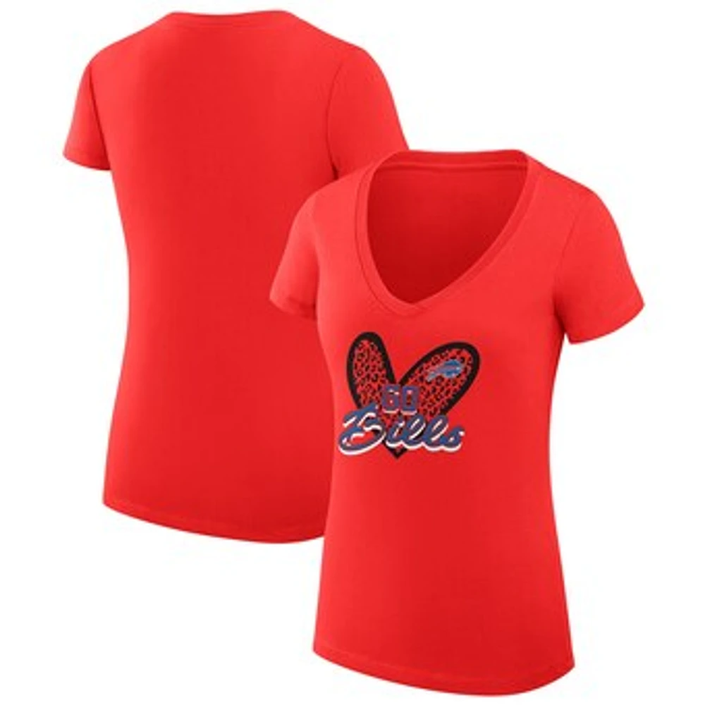 Women's G-III 4Her by Carl Banks Red Buffalo Bills Super-Slim Fit Lightweight Leopard Heart V-Neck T-Shirt