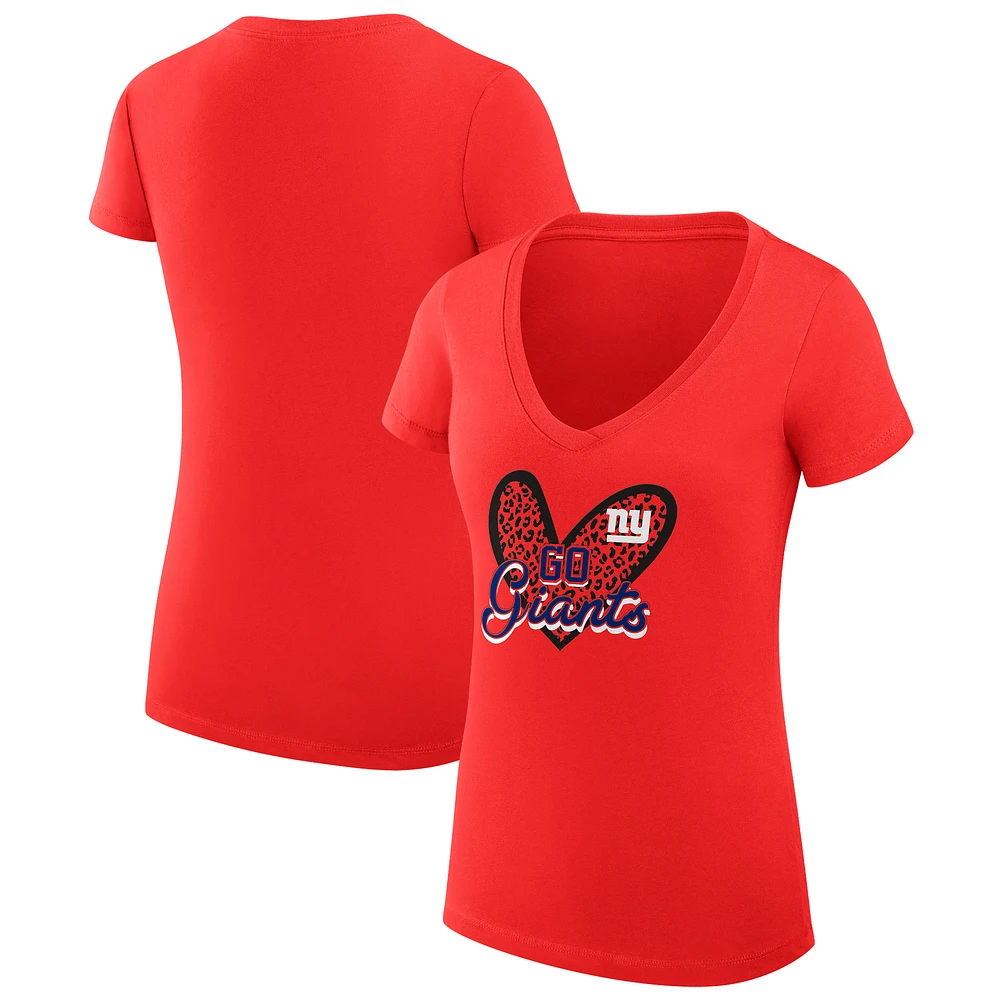 Women's G-III 4Her by Carl Banks Red New York Giants Super-Slim Fit Lightweight Leopard Heart V-Neck T-Shirt