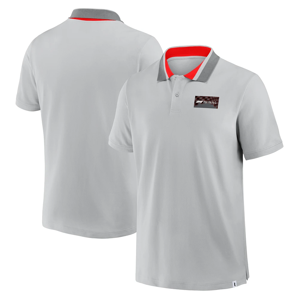 Men's Gray Formula 1 Tempo Halftone Grid Badge Tipped Pique Polo