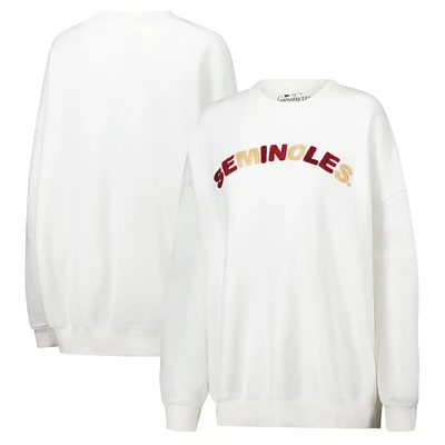 Women's Gameday Social White Florida State Seminoles Oversized Charlie Rainbow Chenille Arch Pullover Sweatshirt