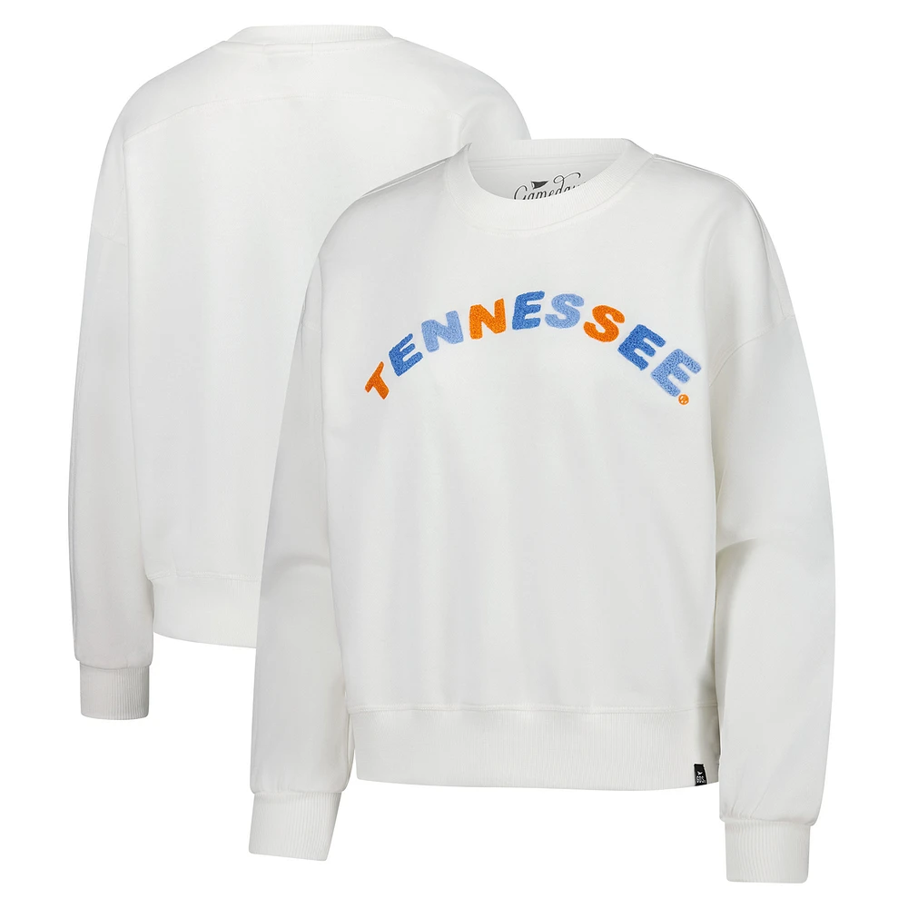 Women's Gameday Social White Tennessee Volunteers Oversized Charlie Rainbow Chenille Arch Pullover Sweatshirt