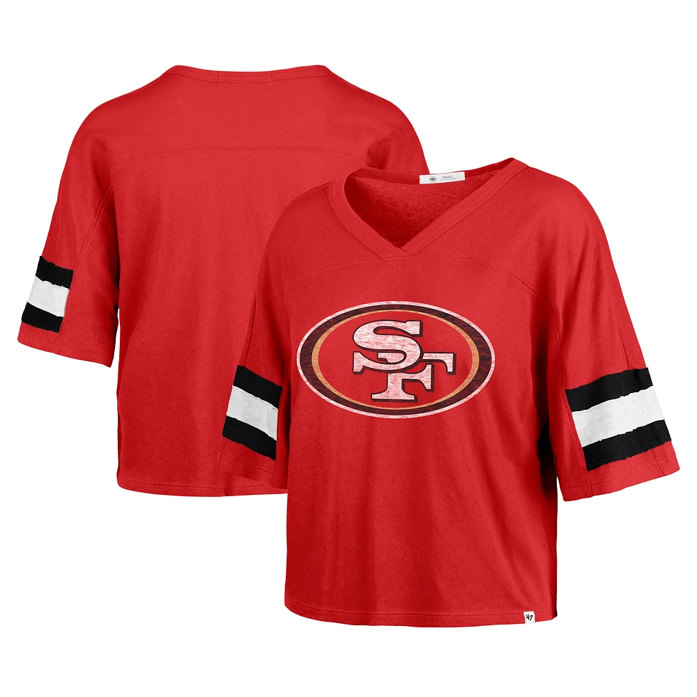 Women's '47 Scarlet San Francisco 49ers Double Header Scout Cropped V-Neck T-Shirt