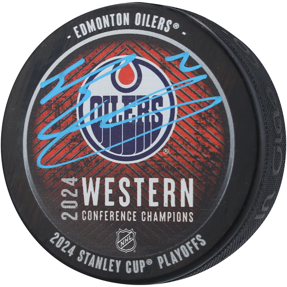Evan Bouchard Edmonton Oilers 2024 Western Conference Champions Autographed Hockey Puck