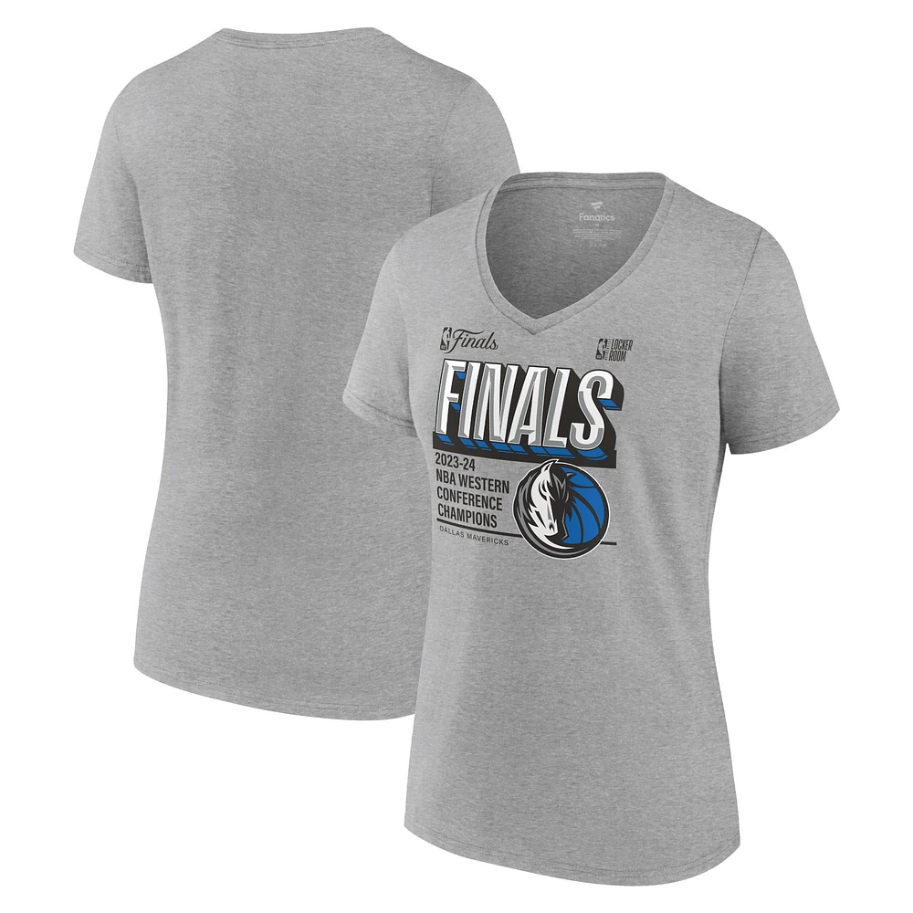 Women's Fanatics Heather Gray Dallas Mavericks 2024 Western Conference Champions Locker Room Plus V-Neck T-Shirt