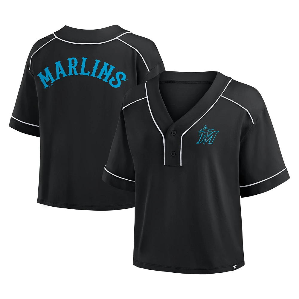 Women's Fanatics Black Miami Marlins Oversized Champ Game Cropped V-Neck T-Shirt
