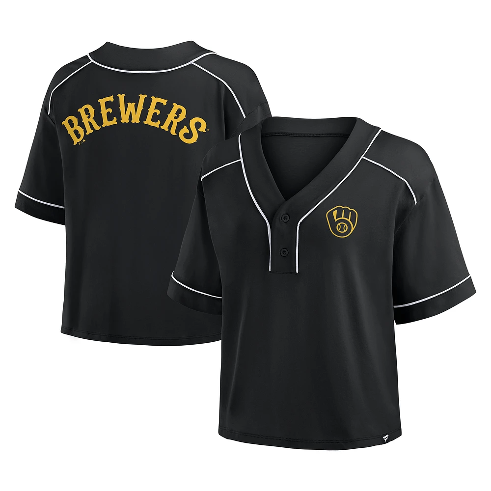 Women's Fanatics Black Milwaukee Brewers Oversized Champ Game Cropped V-Neck T-Shirt