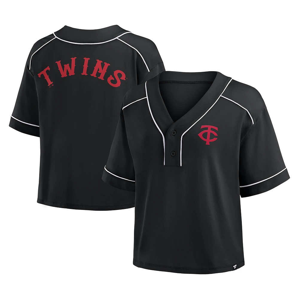 Women's Fanatics Black Minnesota Twins Oversized Champ Game Cropped V-Neck T-Shirt