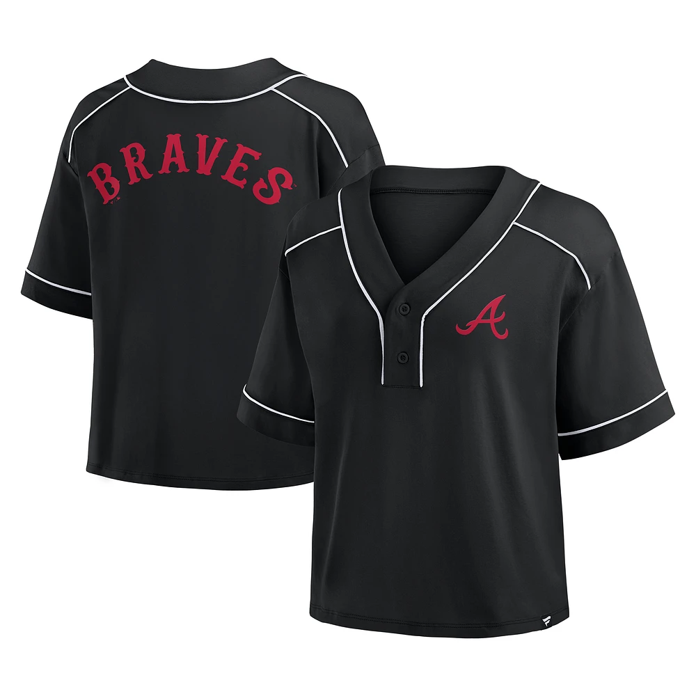 Women's Fanatics Black Atlanta Braves Oversized Champ Game Cropped V-Neck T-Shirt