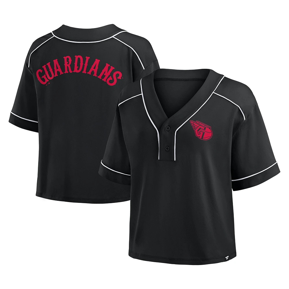 Women's Fanatics Black Cleveland Guardians Oversized Champ Game Cropped V-Neck T-Shirt