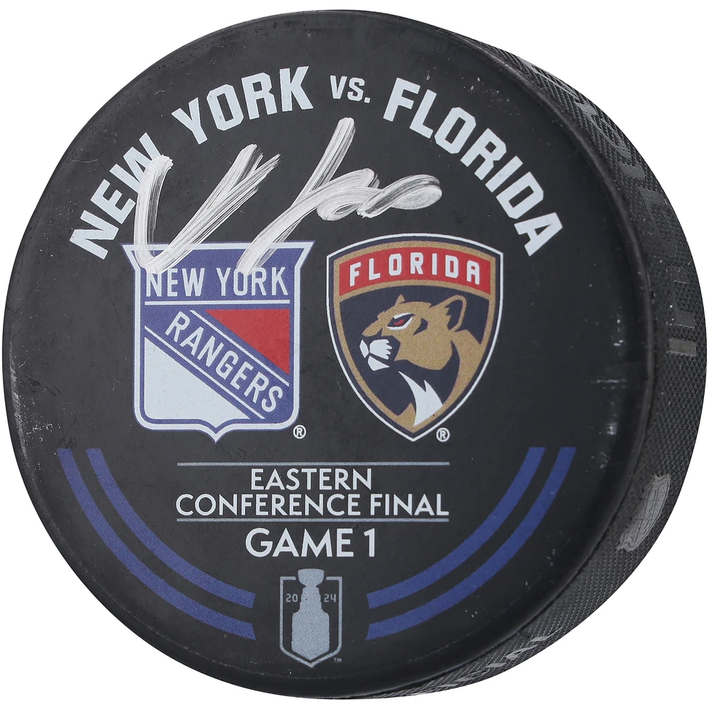 Adam Fox New York Rangers Autographed Practice-Used Warm-Up Puck from Game of the Eastern Conference Finals During the 2024 Stanley Cup Playoffs vs. Florida Panthers