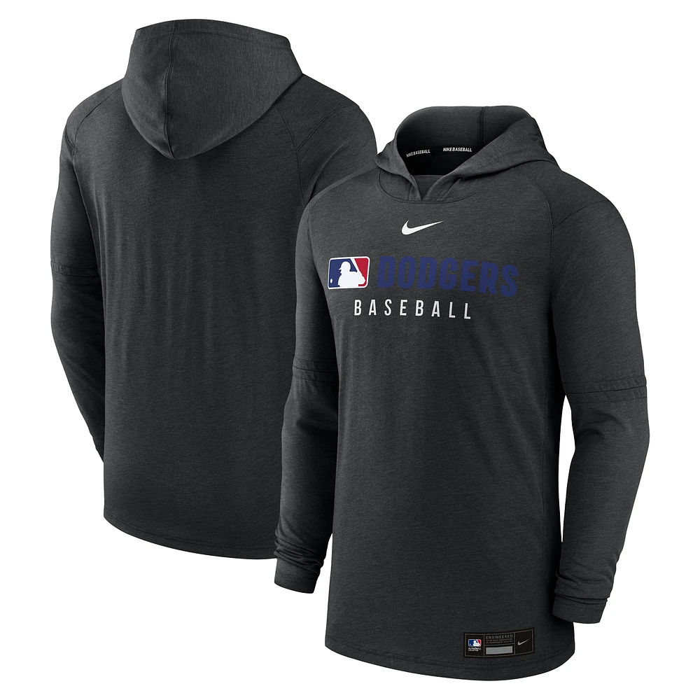 Men's Nike Heather Black Los Angeles Dodgers Authentic Collection Tri-Blend Performance Pullover Hoodie