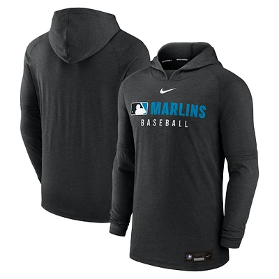 Men's Nike Heather Black Miami Marlins Authentic Collection Tri-Blend Performance Pullover Hoodie
