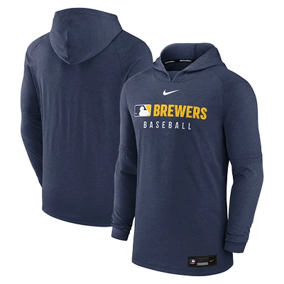 Men's Nike Heather Navy Milwaukee Brewers Authentic Collection Tri-Blend Performance Pullover Hoodie