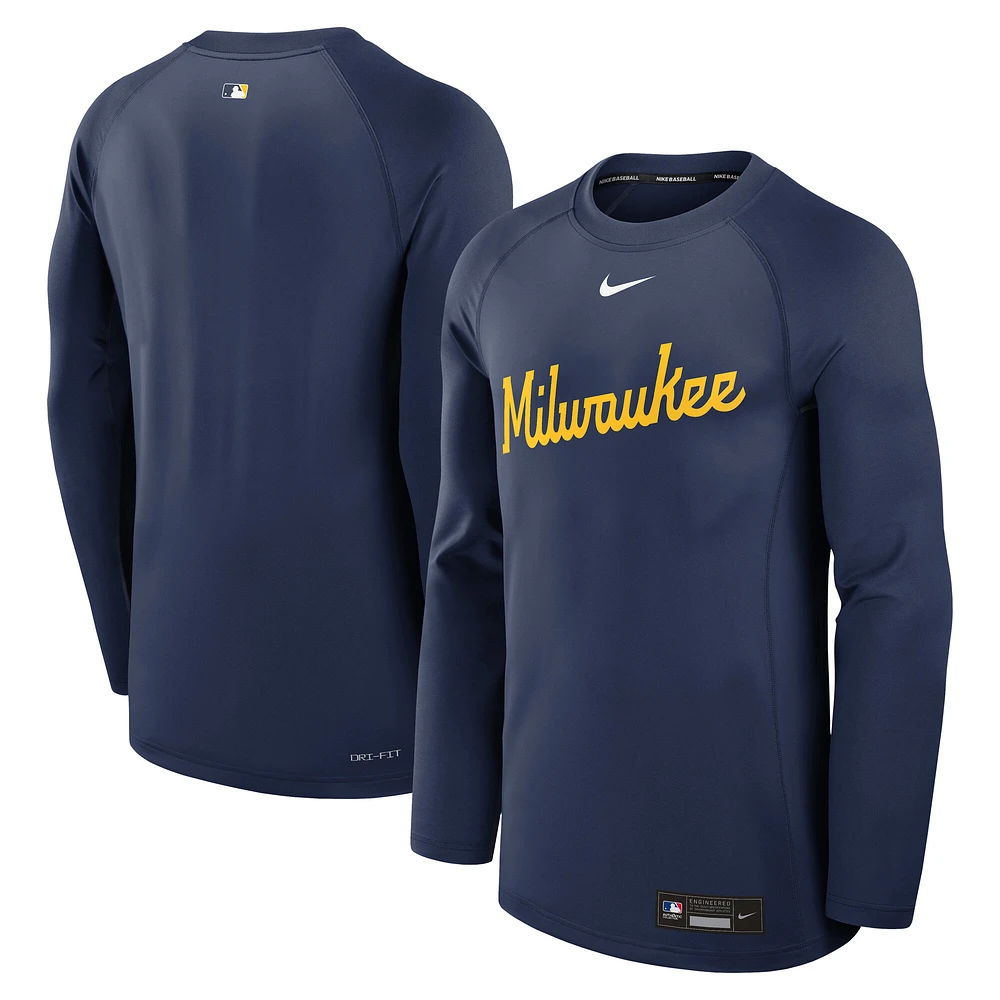Men's Nike Navy Milwaukee Brewers Authentic Collection Game Time Raglan Performance Long Sleeve T-Shirt