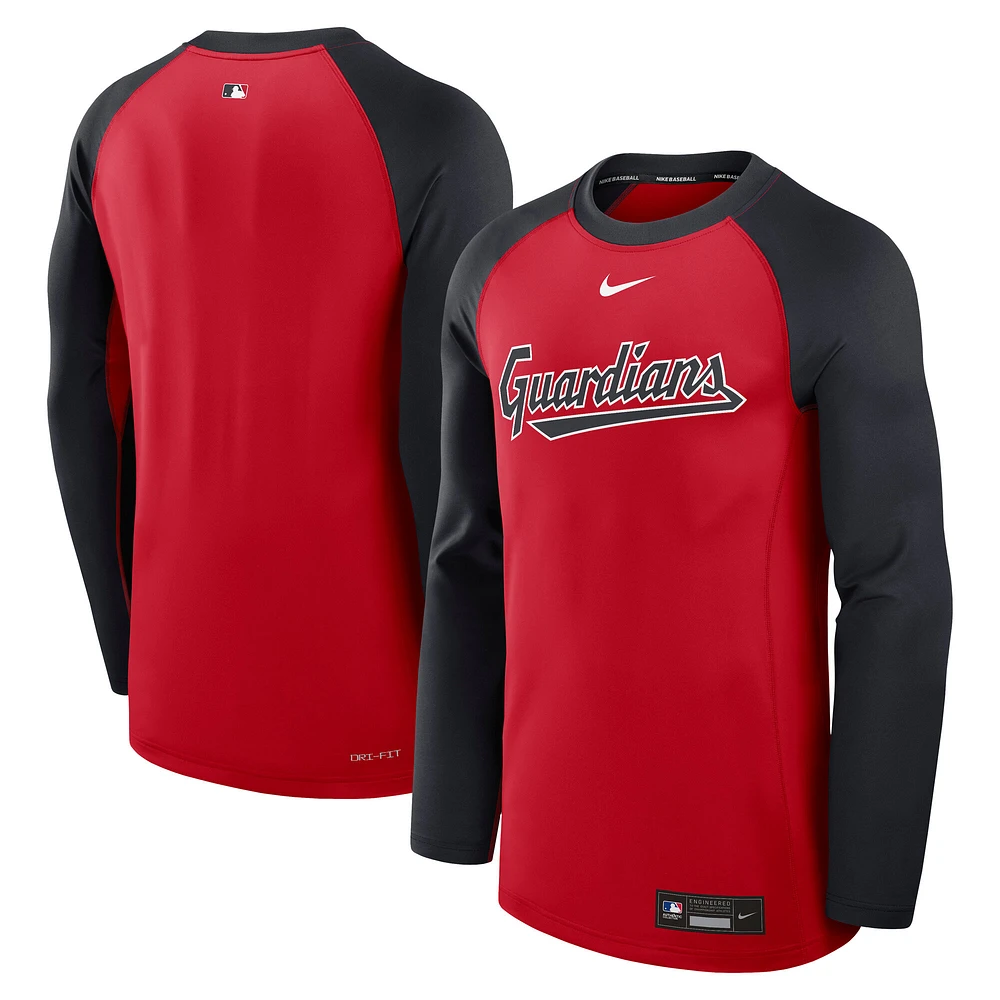 Men's Nike Red/Navy Cleveland Guardians Authentic Collection Game Time Raglan Performance Long Sleeve T-Shirt
