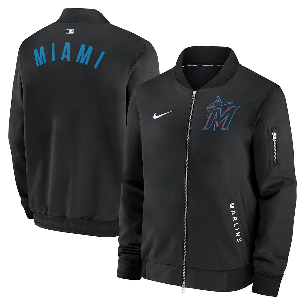 Men's Nike Black Miami Marlins Authentic Collection Dugout Relaxed Full-Zip Bomber Jacket