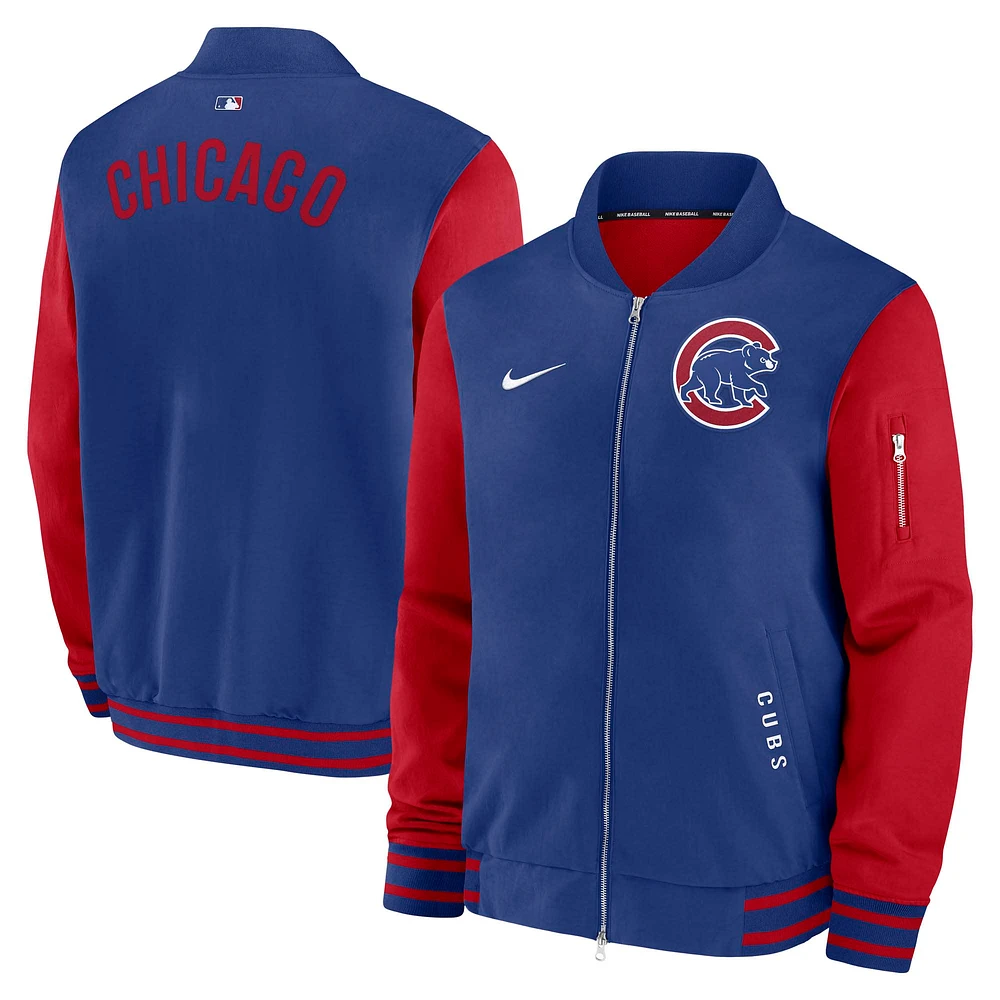 Men's Nike Royal/Red Chicago Cubs Authentic Collection Dugout Relaxed Full-Zip Bomber Jacket