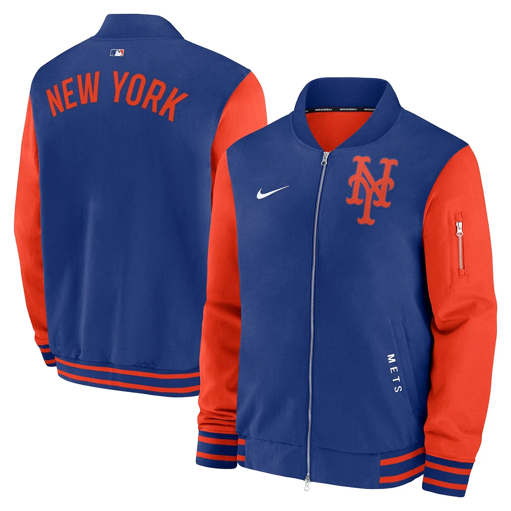 Men's Nike Royal/Orange New York Mets Authentic Collection Dugout Relaxed Full-Zip Bomber Jacket