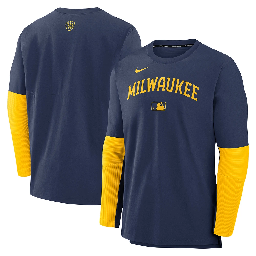 Men's Nike Navy/Gold Milwaukee Brewers Authentic Collection Player Dri-FIT Lightweight Pullover