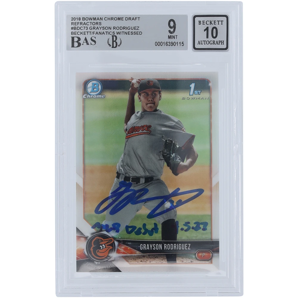 Grayson Rodriguez Baltimore Orioles Autographed 2018 Bowman Draft Chrome Refractors #BDC-73 Beckett Fanatics Witnessed Authenticated / Card with "MLB Debut 4-5-23" Inscription