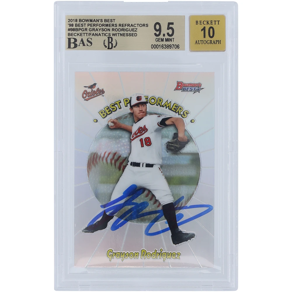 Grayson Rodriguez Baltimore Orioles Autographed 2018 Bowman's Best 98 Best Performers Refractors #98BP-GR Beckett Fanatics Witnessed Authenticated / Card
