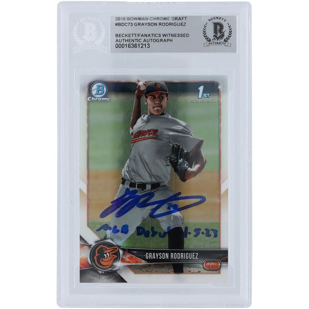 Grayson Rodriguez Baltimore Orioles Autographed 2018 Bowman Draft Chrome #BDC-73 Beckett Fanatics Witnessed Authenticated / Card with "MLB Debut 4-5-23" Inscription