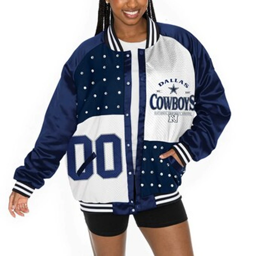 Women's Gameday Couture Navy/White Dallas Cowboys Oversized Hot Shot Rhinestone Throwback Full-Snap Varsity Bomber Jacket