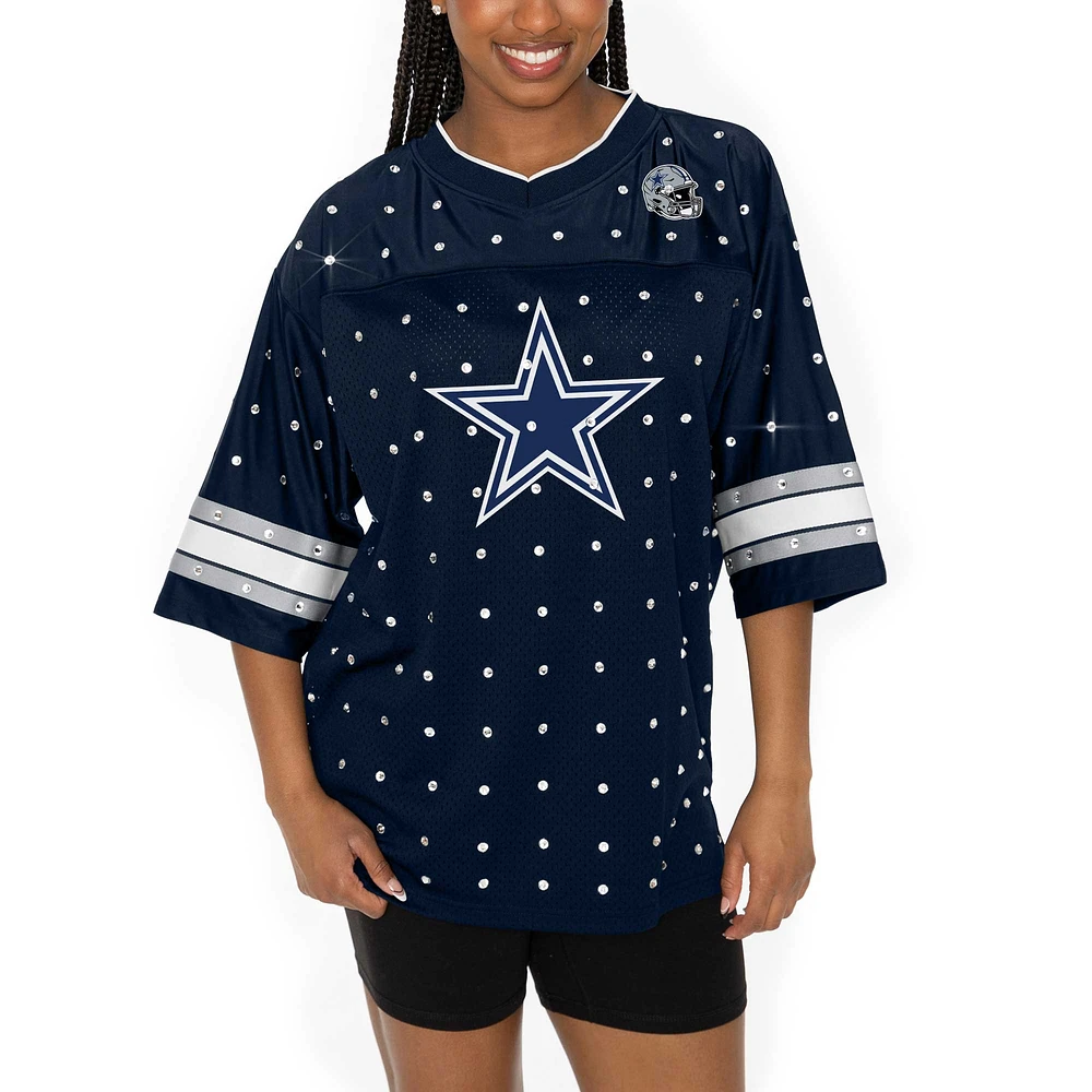 Women's Gameday Couture Navy Dallas Cowboys Kickoff Time Allover Rhinestone Sports Stripe Jersey V-Neck T-Shirt