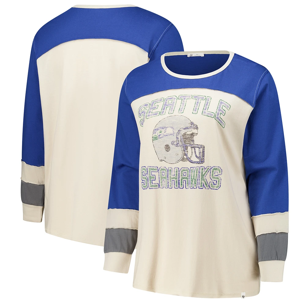 Women's '47 Cream/Royal Seattle Seahawks Plus Double Header Curve Toni Long Sleeve T-Shirt