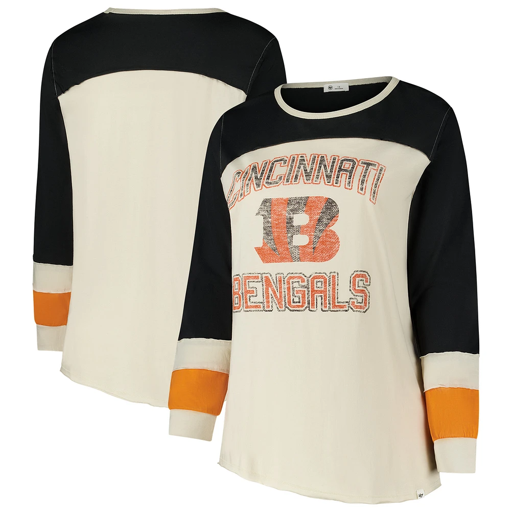 Women's '47 Cream/Black Cincinnati Bengals Plus Double Header Curve Toni Long Sleeve T-Shirt