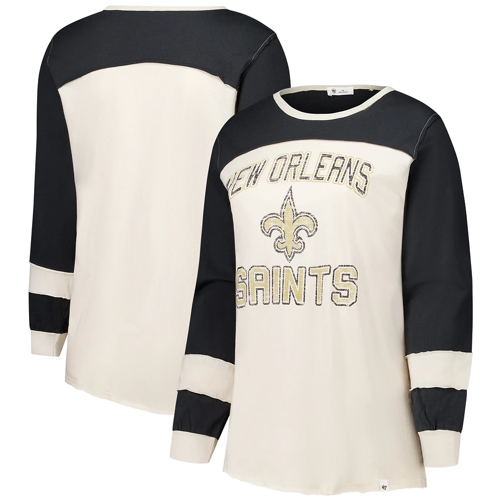 Women's '47 Cream/Black New Orleans Saints Plus Double Header Curve Toni Long Sleeve T-Shirt