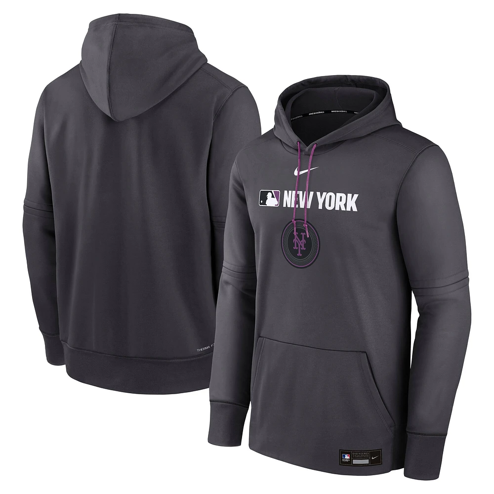 Men's Nike Anthracite New York Mets Authentic Collection City Connect Therma Pullover Hoodie