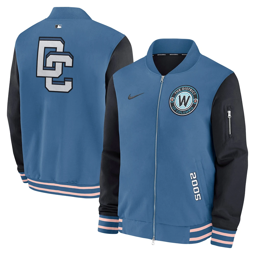 Men's Nike Blue Washington Nationals 2025 City Connect Authentic Collection Full-Zip Dugout Bomber Jacket