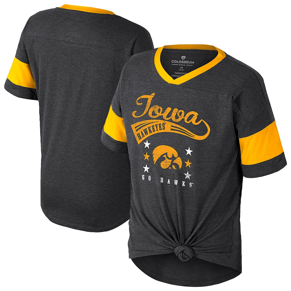 Girls Youth Colosseum Black Iowa Hawkeyes Frontier Tie Front T-Shirt