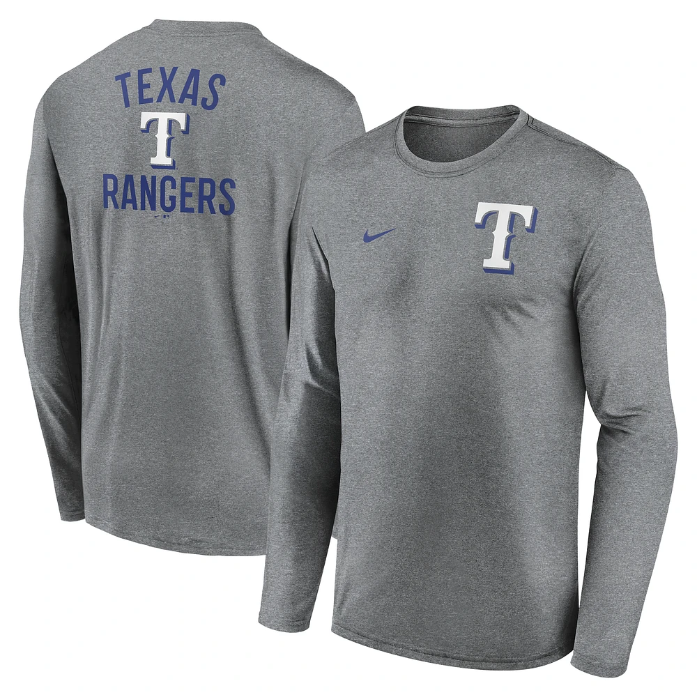 Men's Nike Heather Charcoal Texas Rangers 2-Hit Legend Performance Long Sleeve T-Shirt