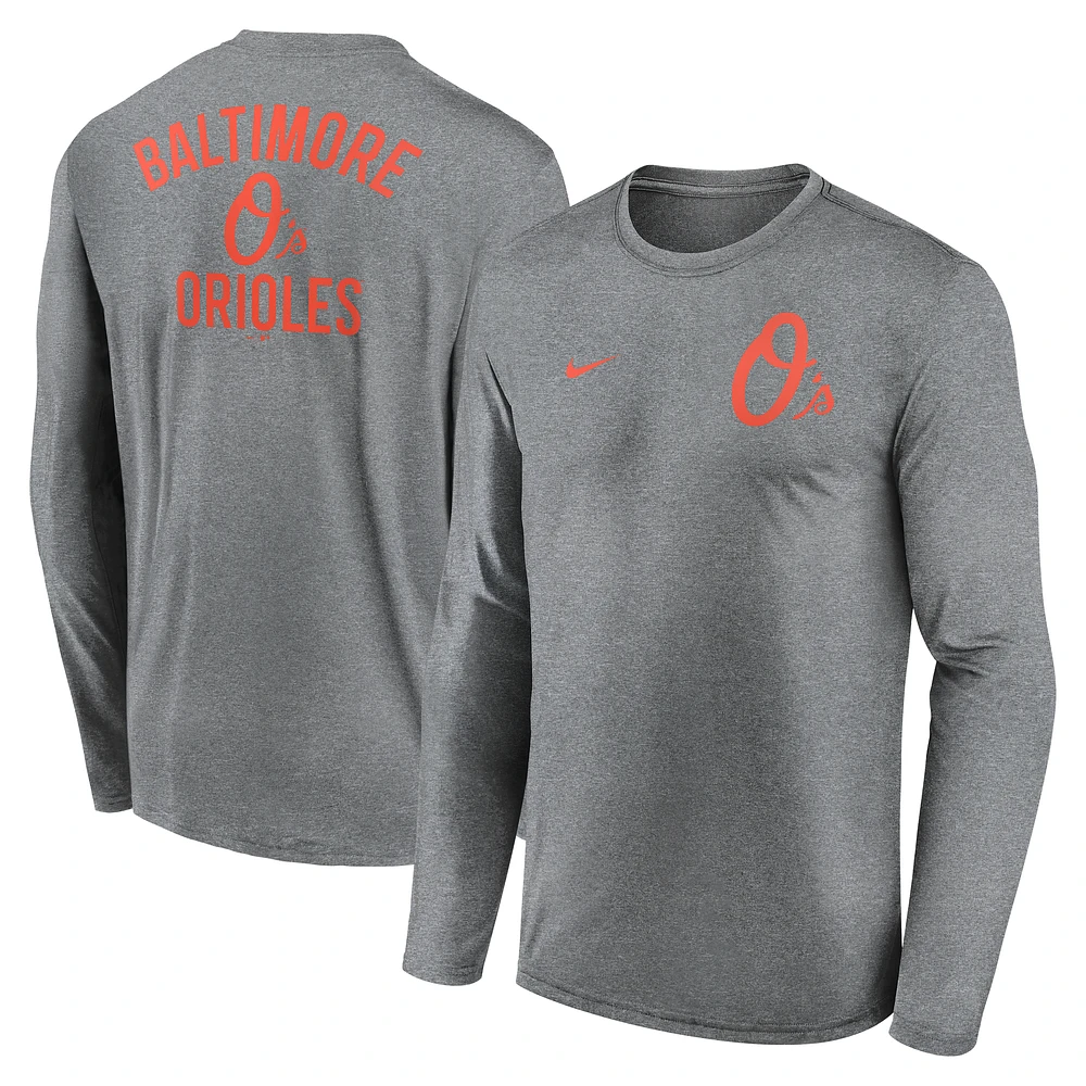 Men's Nike Heather Charcoal Baltimore Orioles 2-Hit Legend Performance Long Sleeve T-Shirt
