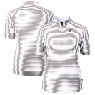 Women's Cutter & Buck Gray/White Florida Marlins Cooperstown Collection Virtue Eco Pique Stripe Recycled Tri-Blend Quarter-Zip Top
