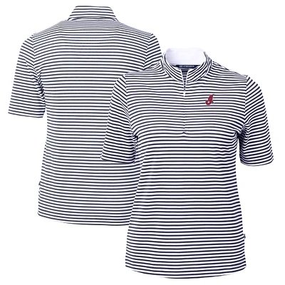 Women's Cutter & Buck Navy/White Cleveland Indians Cooperstown Collection Virtue Eco Pique Stripe Recycled Tri-Blend Quarter-Zip Top