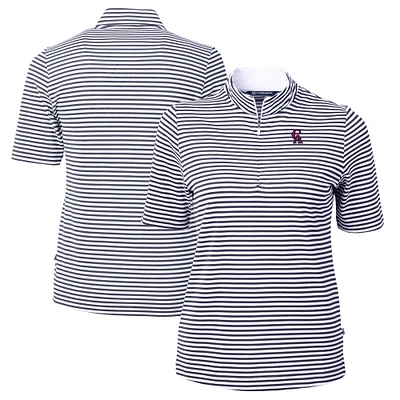 Women's Cutter & Buck Navy/White California Angels Cooperstown Collection Virtue Eco Pique Stripe Recycled Tri-Blend Quarter-Zip Top