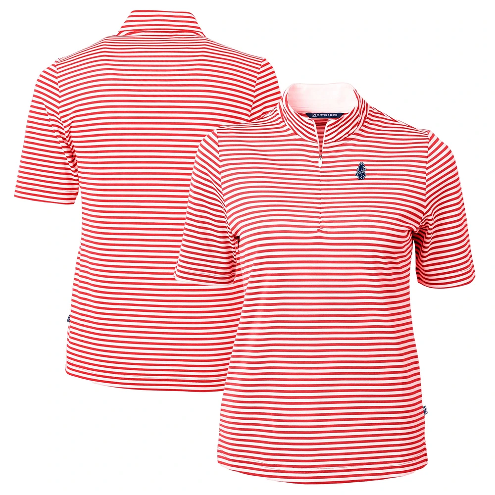 Women's Cutter & Buck Red/White Chicago Cubs Cooperstown Collection Virtue Eco Pique Stripe Recycled Tri-Blend Quarter-Zip Top