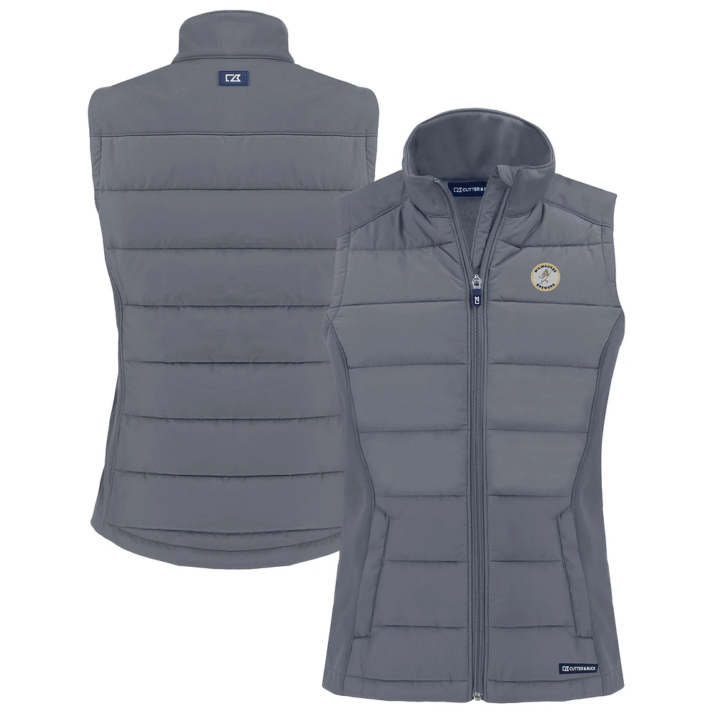 Women's Cutter & Buck Charcoal Milwaukee Brewers Cooperstown Collection Evoke Hybrid Eco PrimaLoft Softshell Recycled Full-Zip Vest