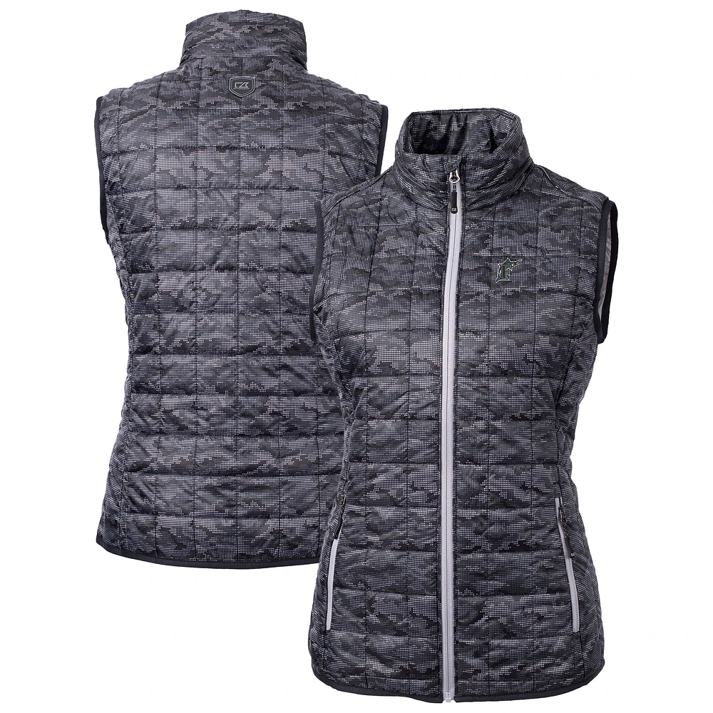 Women's Cutter & Buck Black Florida Marlins Cooperstown Collection Rainier PrimaLoft Eco Insulated Full-Zip Printed Puffer Vest